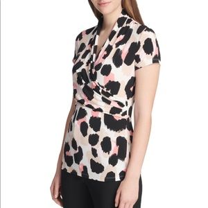 DKNY Womens Petites Top Side-Ruched Printed  - PS